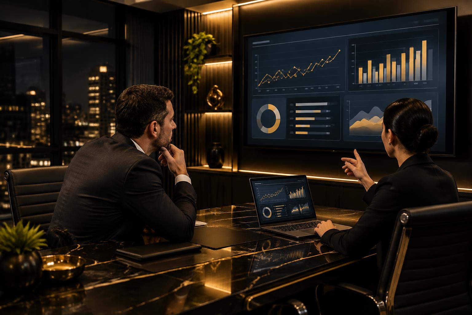 Executivos analisando indicadores empresariais em uma reunião estratégica